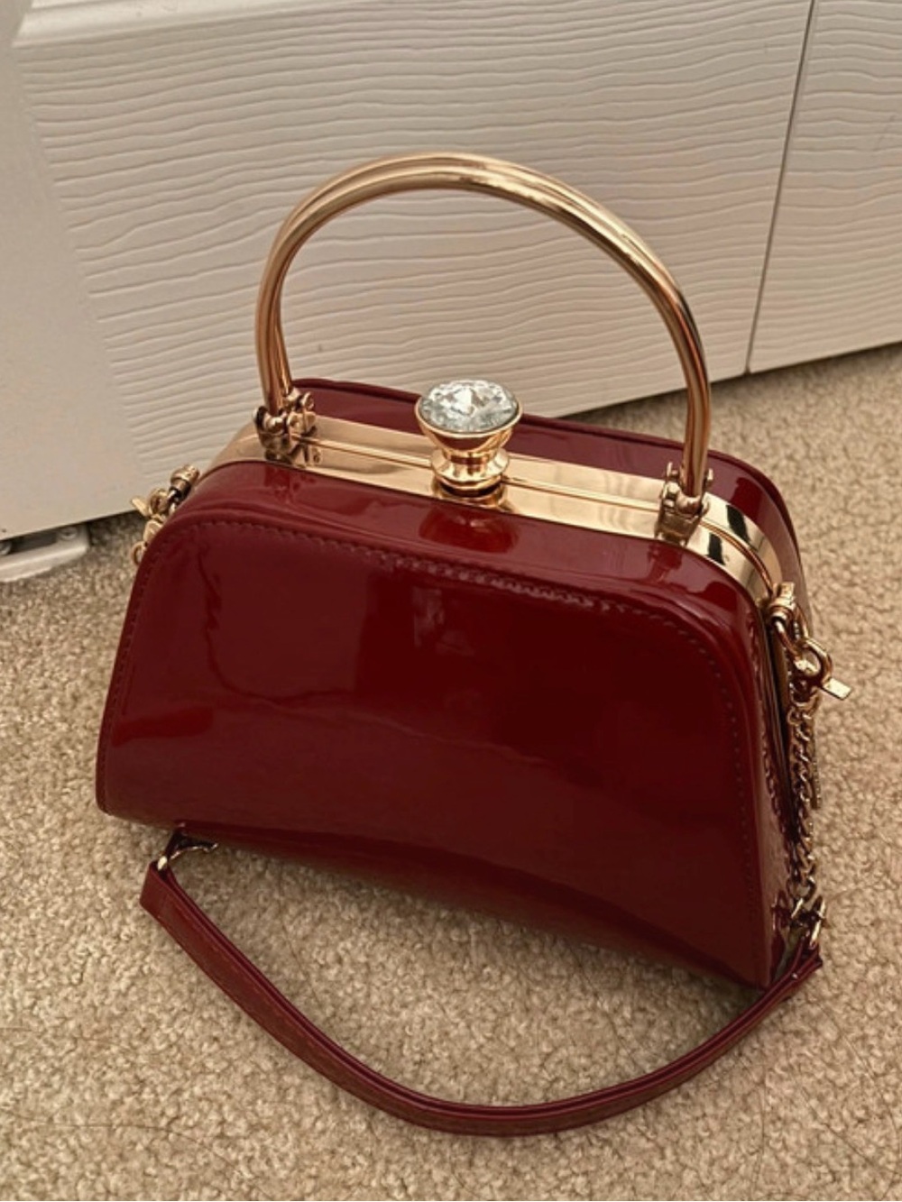 Classic Patent Top-Handle Bag in Deep Burgundy with Gold Hardware